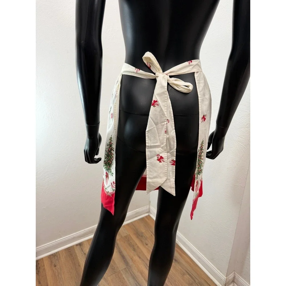 Vintage Christmas Half Apron Tree Bow Print Red Cream Holiday Hostess